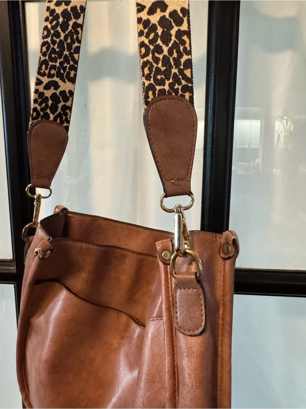 Brown Leather Crossbody Bag with Leopard Strap